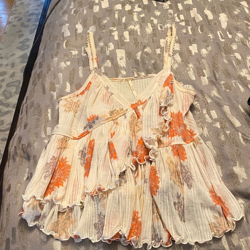 Free People Floral Ruffle Tank Top - Orange and Cream